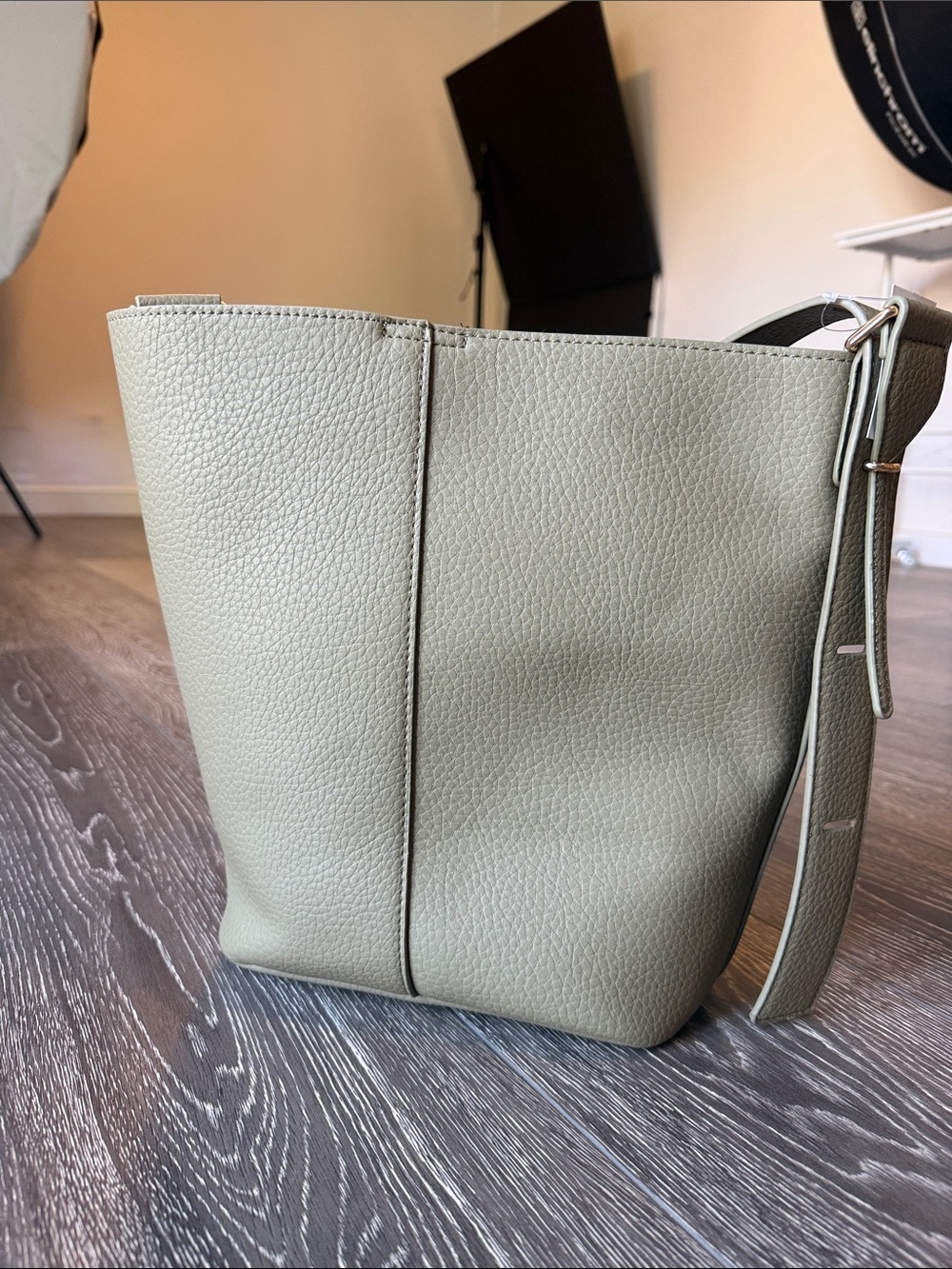 Francesca's Collections Sage Green Pebbled Leather Bucket Shoulder Bag